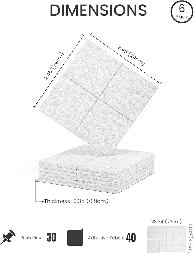 Fluxynara Felt Bulletin Board Tiles -28"x18" Cork Board Alternative for Office Decor, Push Pin Board Wall Organizer 6-Pack-Marble Gray