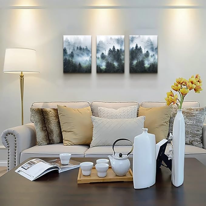 DZRWUBHS Canvas Wall Art - Modern Family Decor For Living Room, Bedroom & Office - Foggy Forest Trees Landscape Wall Painting - 3 Piece Set