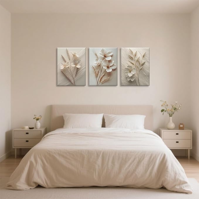 TUEASKY 3 Piece Canvas Wall Art Flower Wall Decor Beige Pictures Botanical Paintings Floral Prints Artwork for Living Room Bedroom