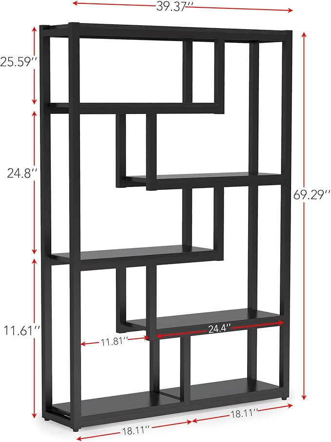 Tribesigns Way to Origin 6-Shelf Modern Bookshelf Set of 2, Industrial Etagere Bookcase, 69-Inch Tall Storage Display Staggered Shelves with Sturdy Metal Frame, Black