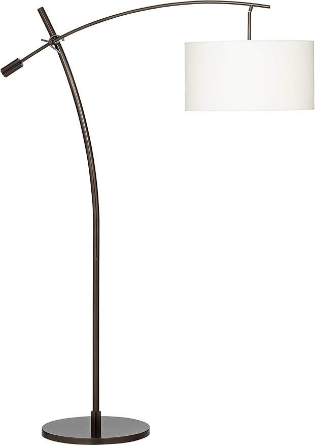 Possini Euro Design Raymond Modern Arched Floor Lamp Standing 69" Tall Bronze Brown Metal Slim Profile Off-White Linen Drum Shade Adjustable Boom Arm for Living Room Reading House Family Bedroom