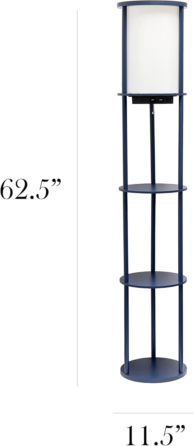 Simple Designs LF2010-NAV 62.5" Round Modern Shelf Etagere Organizer Storage Floor Lamp with 2 USB Charging Ports, 1 Charging Outlet and Linen Shade for Living Room Bedroom Office, Navy