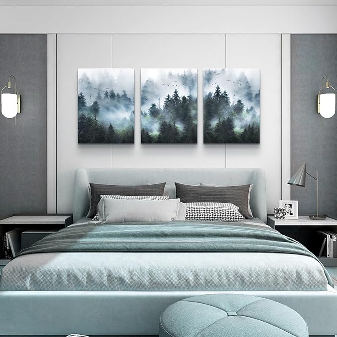 Lapremoly Trees Landscape Pictures Wall Decorations For Living Room Canvas Wall Art For Bedroom Modern Office Wall Decor Foggy Forest Wall Painting Artwork Ready To Hang Room Home Decor 3 Piece