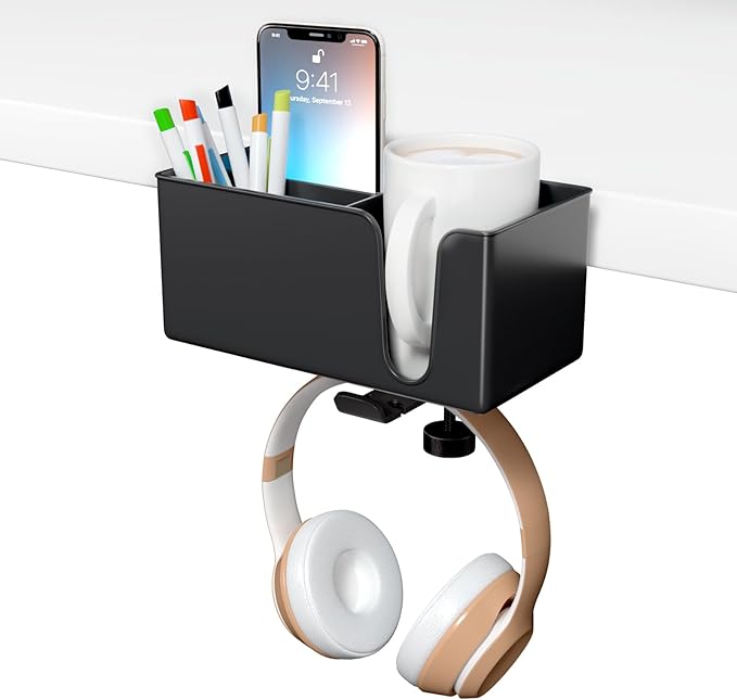 5 in 1 Desk Pencil Holder - Clamp on Under Desk Headphone Hanger - Rotating Headphone Holder Detachable Pen Holder Desktop Storage