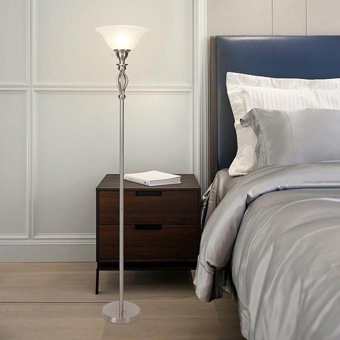 HonoDing Torchiere Floor Lamps for Living Room & Bedroom – Stand Up Lamp with Corner Floor Lamp Design – Traditional Iron Scroll 70" Tall Alabaster Glass Bowl Shade (Brushed Nickel)