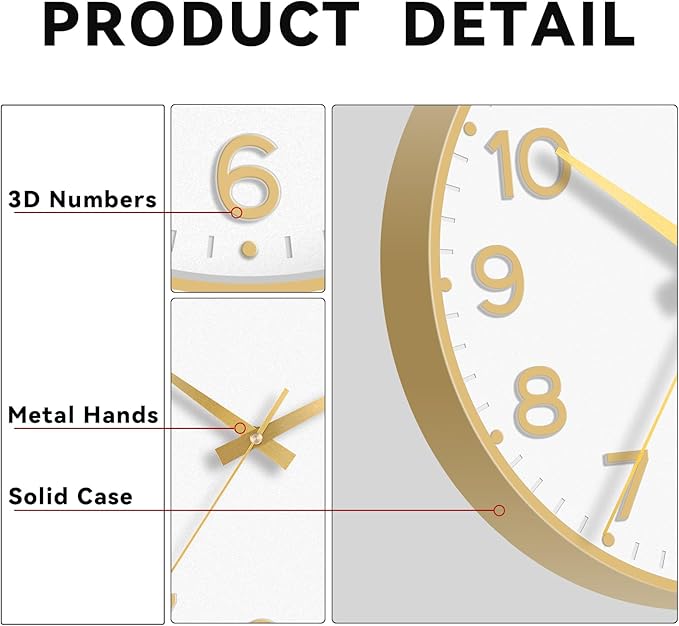 Wall Clock, Silent Wall Clocks Battery Operated 8 Inch-Modern Non Ticking Analog Clock Decorative for Kitchen Office Bathroom Bedroom(Gold)