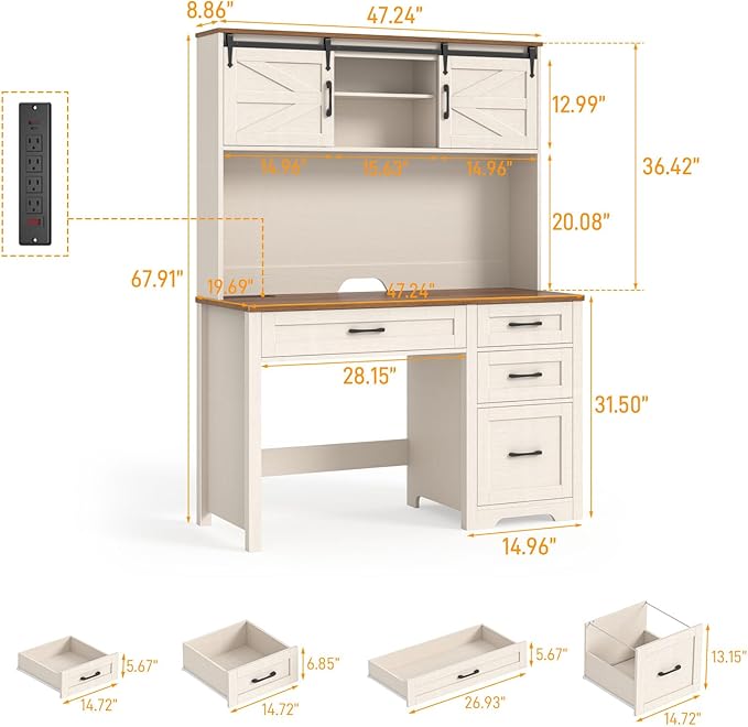 Farmhouse 67" H Executive Desk with Hutch,Computer Desk with Charging Station,Office Table with LED light and 4 Drawers,File Drawers and Storage Cabinet,Workstation for Home Office.Unique White