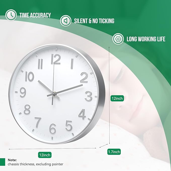 Wall Clock 12 In White-Silver Modern Simple Quartz Decorative Clock Non-Ticking Silent Battery Operated Round Wall Clocks Trendy and Practical Best Gift for Living Room Bedroom Kitchen Office