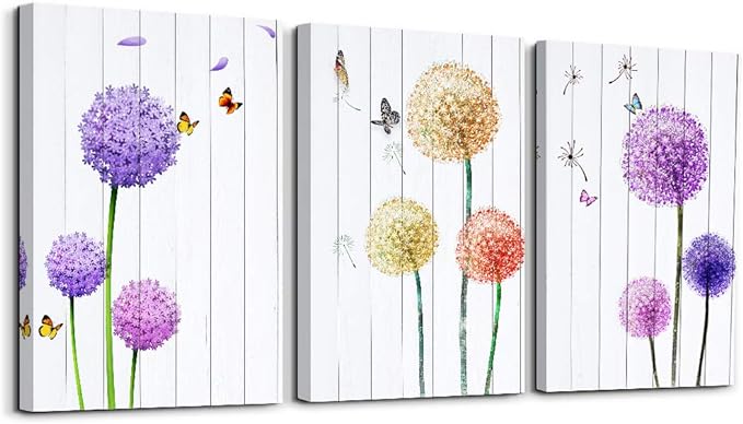 MHARTK66 Wall Art for Bedroom Wall Art Set of 3, Minimalist Wall Art Colorful Dandelion Canvas Artwork Paintings, Abstract Botanical Pictures for Modern Farmhouse Kitchen Bathroom Office,12"x16"