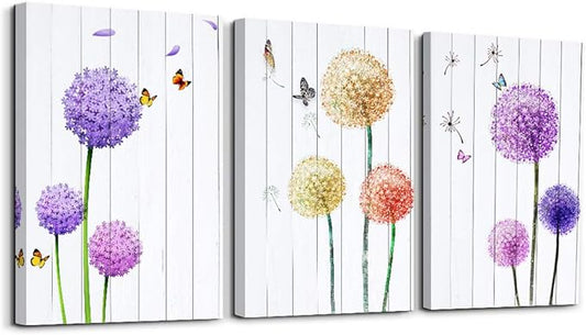 MHARTK66 Wall Art for Bedroom Wall Art Set of 3, Minimalist Wall Art Colorful Dandelion Canvas Artwork Paintings, Abstract Botanical Pictures for Modern Farmhouse Kitchen Bathroom Office,12"x16"