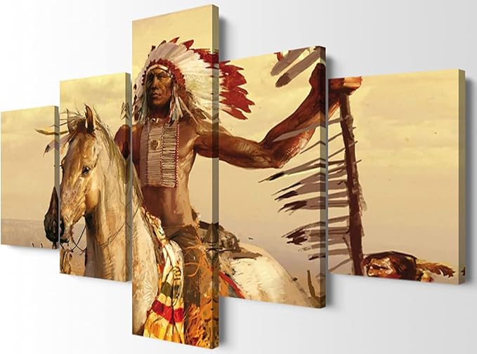 YOUHONG Native American Wall Art | Chief with Horse Design | 5-Panel Set with High-Definition Printing, Ready to Hang for Indian Home Decor, Native American Wall Decor, Size 50" W x 24" H
