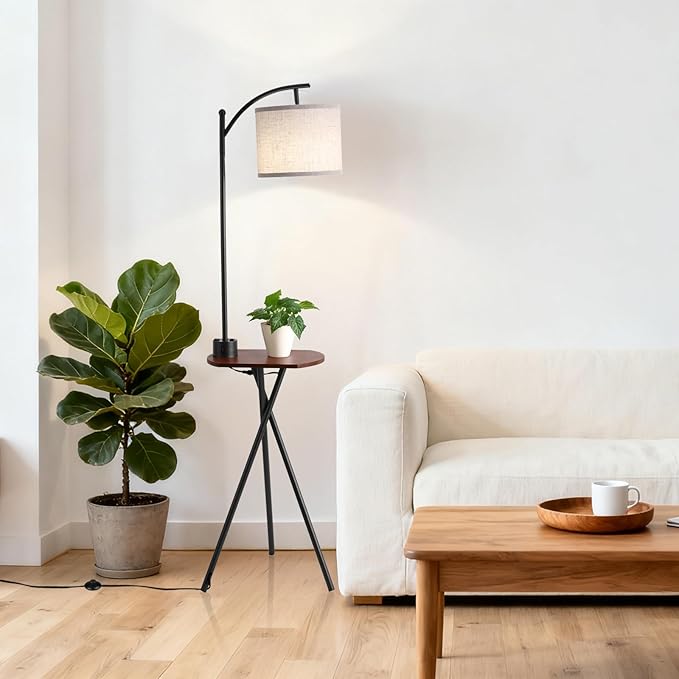 Floor Lamp with Oval Side Table, 3 Color Temperature 9W LED Bulb, Remote and Foot Switch Control, USB A and C Ports, Dual AC Outlets, 1-Hour Timer, Modern Lamp for Living, Bedroom, Black