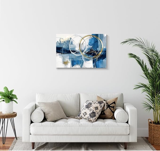 gaosoul Minimalist Abstract Canvas Wall Art Blue and Gold Doodles on White Background Painting Prints Stylish Framed Artwork for Living Room Bedroom Office Decor 30x20in