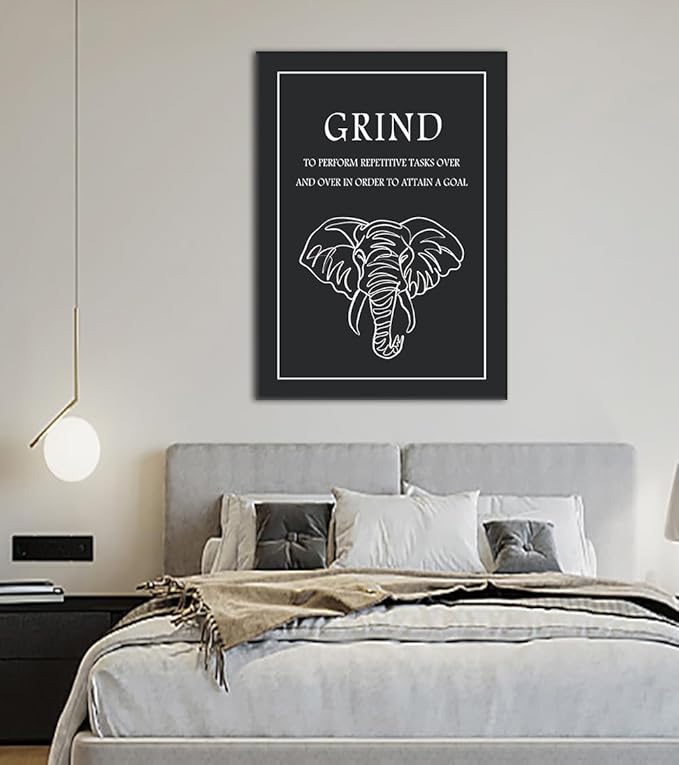 Grind Wall Art - Modern Black and White Elephant Canvas Print Motivational Quote Painting, To Perform Repetitive Tasks Over and Over to Attain a Goal Inspirational Office Wall Decor, Framed 24"x36"