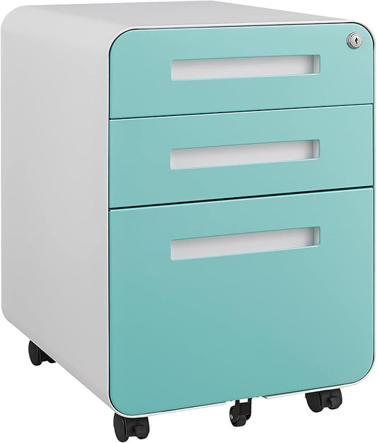 3 Drawer Mobile File Cabinet with Lock, Under Desk Storage Filing Cabinet for Home Office, Small Rolling File Cabinet for Legal, Letter and A4 Files (White+Green)