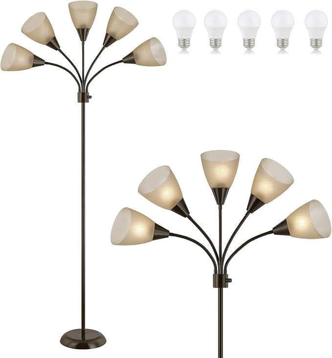 Medusa Modern Decor Floor Lamp, 5 Head Adjustable Gooseneck Lamps for Reading, White Shades Multiple Tall Standing Lamps for Living Room Bedroom Office Kids Classroom, Brown, Bulbs Included