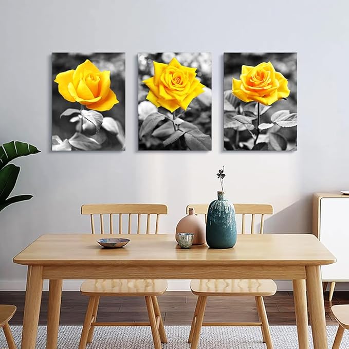 Lapremoly Black And White Wall Paintings Canvas Wall Art For Bedroom Wall Decor For Kitchen Living Room Office Decorations Yellow Rose Flowers Pictures Modern Room Home Walls Artwork Decor 3 Piece