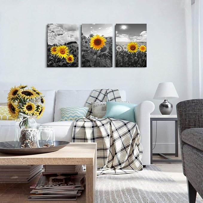 Large Size Canvas Wall Art For Living Room Family Bedroom Wall Painting Decoration,Bathroom Wall Decor Kitchen Home Decoration Black And White Sunflower Flowerswall Pictures Artwork,20x28 3 Piece