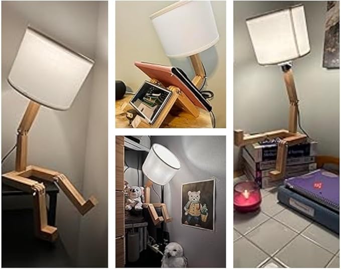 ELINKUME Robot Desk Lamp Set of 2, Creative Bedside Lamp for Bedroom,Wooden Lamp Body Adjustable,DIY E26 Living Room Table Lamps with Fabric Shade,Modern Indoor Decorative Lighting, TB-QBT005-WHM2