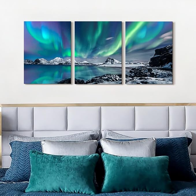 Lapremoly Farmhouse Wall Decor - Canvas Wall Art for Living Room, Bedroom & Office - Aurora Scenery Landscape Wall Pictures - Ready to Hang - 12x16 - 3 Piece Set