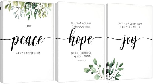 3 Piece Inspirational Wall Art, White Plants Background Picture, Quotes "Peace Hope Joy" Canvas Print for Home Decor, Triptych Motivational Poster Framed Artwork for Classroom Wall Decor (48"Wx24" H)
