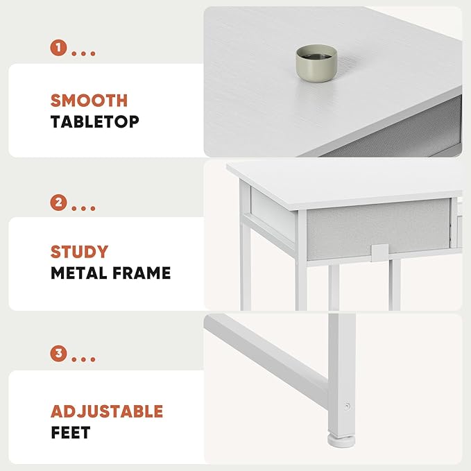 DUMOS 48" Small Computer Home Office Desk for Bedroom with Drawers, Gaming Writing Study Table with Storage Shelf, Adjustable Feet, Metal Frame Natural White