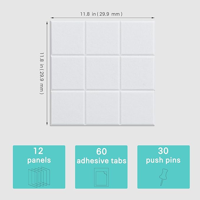 Cork Board for Walls 48" x 36", Bulletin Board for Office Decor, 12 Pack Felt Wall Tiles with Safe Removable Adhesive, Pin Tack Corkboard for Quilting Design & Dart Wall Protector - White
