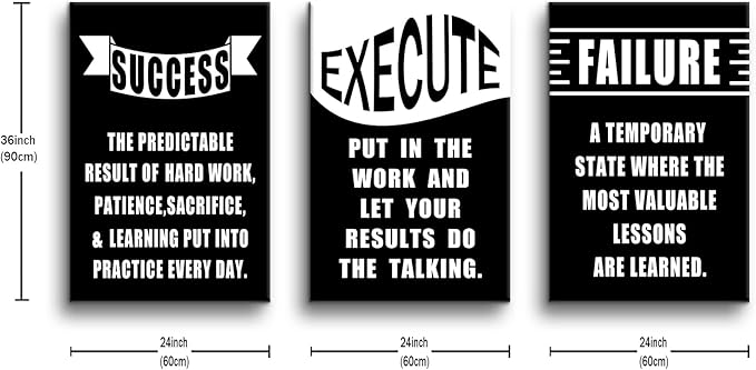 Motivational Wall Art 3 Pieces Success Signs Inspirational Quotes Picture Painting Execute Failure Success Posters Print for Home Living Room Office Artwork Stretched and Framed [72''Wx36''H]