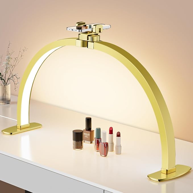 iVict Half Moon Light for Nail Desk, 29“ 40W Nails Tech Light with Phone Stand, 10 Adjustable Brightness, Led Desk lamp for Nail, Tattoos, Beauty(Gold)