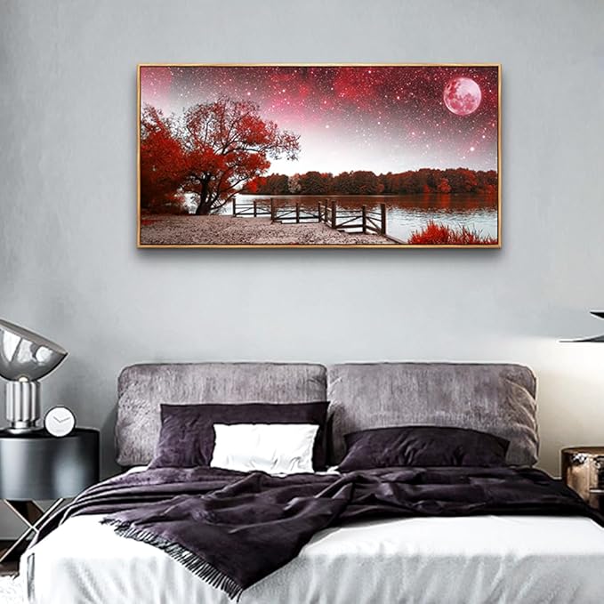 Lapremoly Red Tree Wall Art - Large Wall Decor for Living Room, Bedroom - Starry Sky Moon Landscape - Wood Framed 20" X 40"