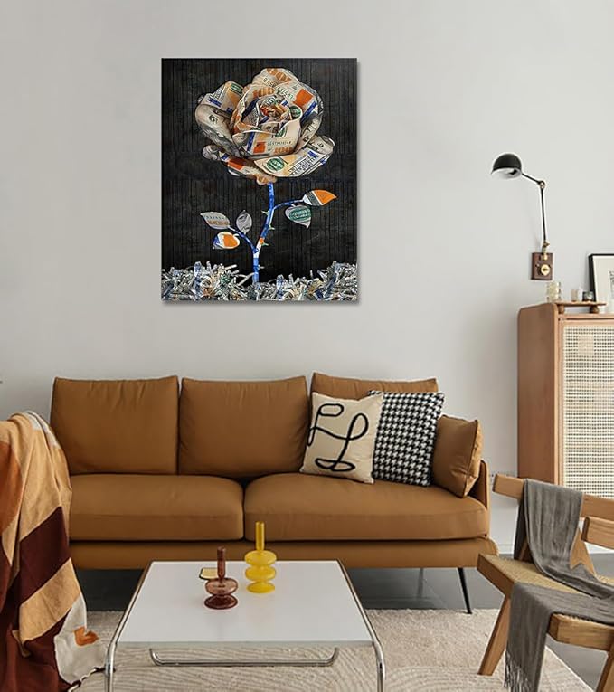 Motivational Wall Art Rose Dollar Bill Design Canvas Print Floral Money Pattern Clipart Picture Inspirational Office Theme Decor Modern Home Art Ready to Hang 18x24 inch