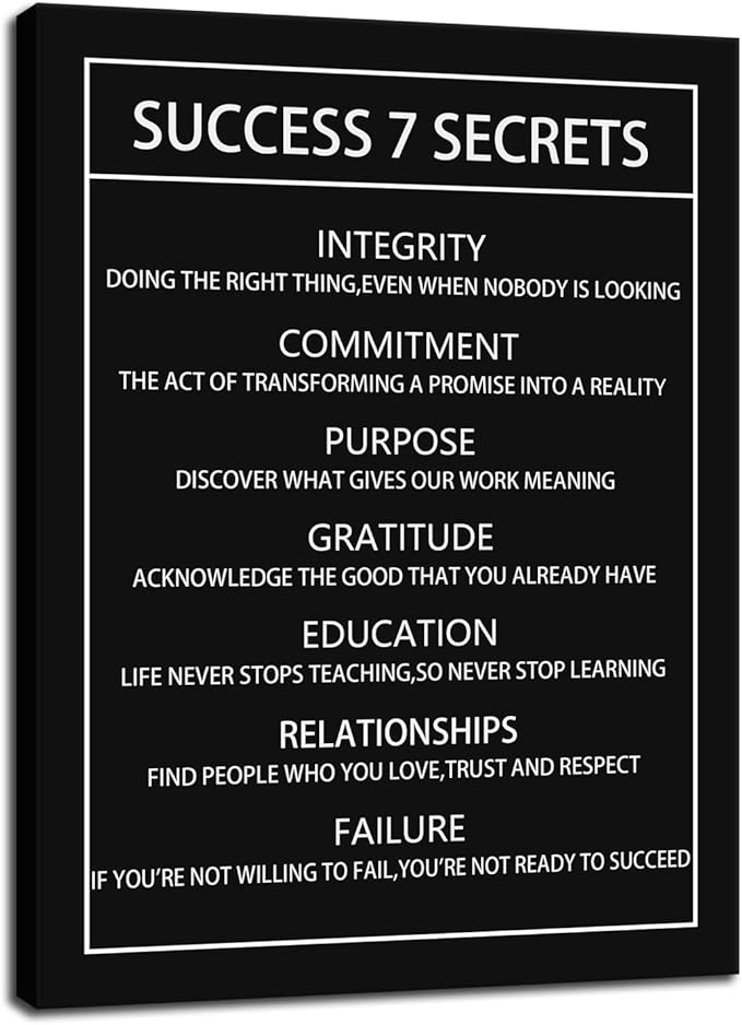 Success 7 Secrets Motivational Canvas Wall Art for Office Inspirational Poster Print Artwork Painting Picture for Framed Home Decoration Living Room Bedroom Ready to Hang [18''W X 24''H]