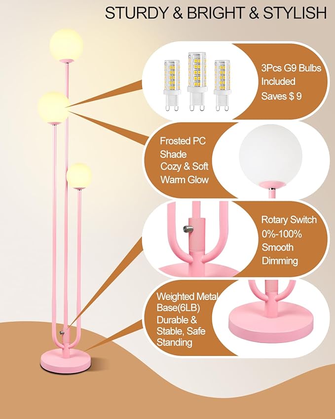 Lightdot 63IN Pink Floor Lamp Mid Century Modern Floor Lamp with 3 Globe 3000K Bulbs Included, 3 Lights U-Style Standing Lamp for Wedding Party/Living Room/Bedroom/Sofa Beside/Corner Decor
