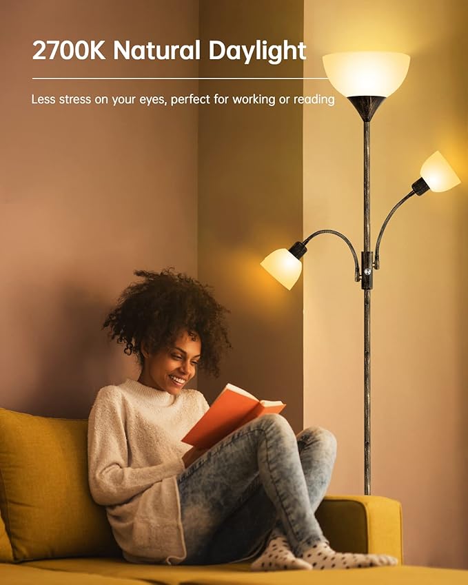 Floor Lamp, Torchiere Floor Lamps for Living Room, 71 Inch Tall Standing Lamp, Bedroom Lamps with Reading Light, Rotary Switch, 3 Plastic Lampshade, Torch Floor lamps for Bedroom (Bronze, No Bulb)