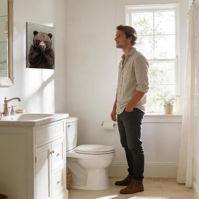 YOUHONG Funny Bear Bathroom Decor with Wooden Frame, Lightweight Bathroom Bear Holding Nose Wall Art Humor Animals Painting for Restroom Toilet,Funny Animals Posters Ready to Hang 16x24 Inches