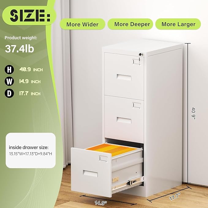 Incbruce 3 Drawer File Cabinet, Metal File Storage Cabinet with Lock Under Desk for Home Office, Easy Assemble (White)
