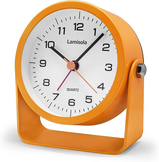 3.5 Inch Small Desk Alarm Clock, Battery Operated Analog Silent Clock with Night Light, Retro Vintage Metal Bedside Clock for Bedroom, Office, Bathroom, Dorm, Shelf, Table - Orange