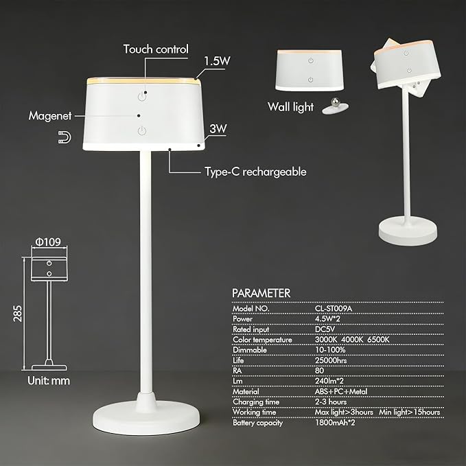 2 Pack Cordless Table Lamps, Rechargeable Touch Lamps for Nightstand & Dining Table, 3 Color Temps 3000K-6500K, Dimmable, Dual-Tone Design, USB-C Portable Bedside Lights, Set of 2, White