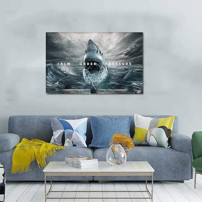Office Inspirational Wall Art Calm Under Pressure Motivational Quotes Pictures Wall Decor Artwork Sharks and Angler Posters Print Artwork Living Room Decoration Framed Ready to Hang - 28" Hx44 W