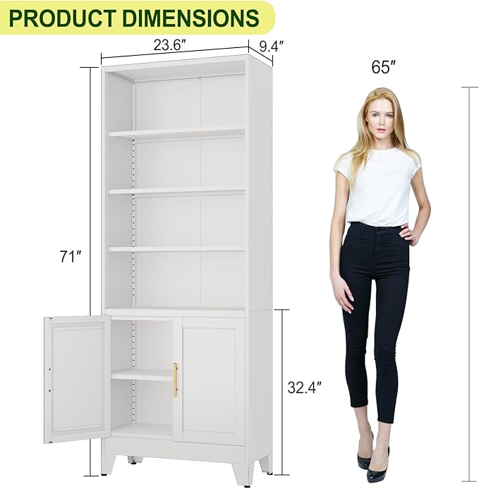 Metal Bookcase with Doors, White 71" Tall Bookcase with Storage, Floor Industrial Bookshelves and Bookcases 6 Tier Shelf Dispaly Storage Shelves for Home Office, Living Room, Bedroom, White