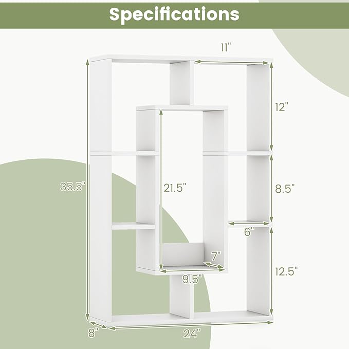 Tangkula 35.5” Geometric Bookshelf, Freestanding Wood Open Bookcase with 7 Cubes, Anti-Toppling Devices, Home Office Décor Rectangular Storage Shelf Display Rack for Study Living Room (1, White)