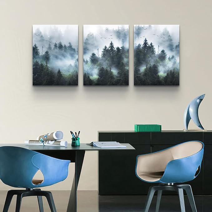 Lapremoly Trees Landscape Pictures Wall Decorations For Living Room Canvas Wall Art For Bedroom Modern Office Wall Decor Foggy Forest Wall Painting Artwork Ready To Hang Room Home Decor 3 Piece