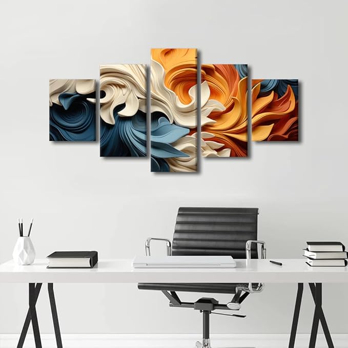 Living Room Wall Art Decor Abstract Canvas Wall Art Blue Orange Yellow Brown Waves Abstract Art Painting Artwork 5 Panel Canvas Wall Art for Men Lady Office Wall Decor Framed Ready to Hang 60x32 in