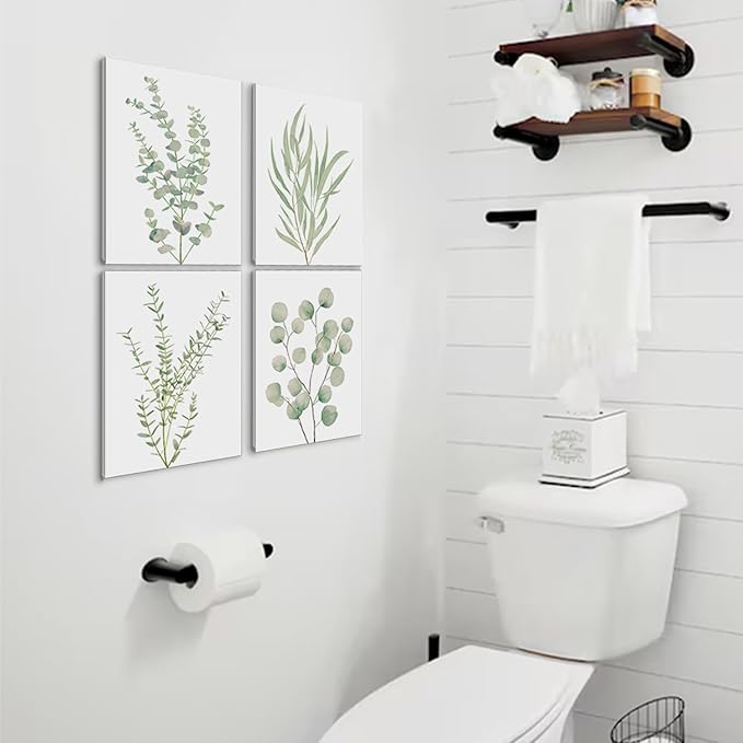 Erctoo Botanical Wall Art for Bathroom, Framed Canvas Office Wall Art 12”x16” Sage Green Plant Wall Decor for Bedroom, Light Green Boho Eucalyptus Leaf Sets of 4PCS