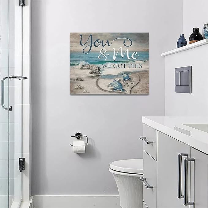 yerretin Beach Sea Turtle Bathroom Wall Art Ocean Turtle Pictures Wall Decor Coastal Nautical Seascape Canvas Painting Love Artwork Home Decoration for Bedroom Office Framed 16"x12"