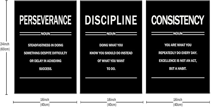 Inspirational Canvas Wall Art 3 Pieces Perseverance Discipline Consistency Posters Motivational Office Wall Decor Picture Painting for Home Living Room Gym Artwork Stretched and Framed [48''W X 24''H]