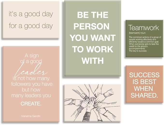 YEOION Office Wall Decor-Motivational Teamwork Office Wall Art Canvas Frame Set of 6-Team Work Leadership Workplace Bulletin Board Break Room Wall Decoration-Teamwork Gifts for Team Leader Boss