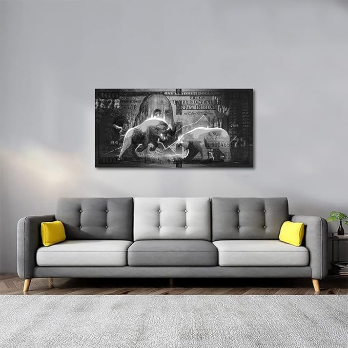 Wall Street Charging Bull Bear Canvas Paintings 100 Dollar Bill Money Poster Wall Art Picture Office Wooden Framed Easy and Ready to Hang-48 inch x 24 inch
