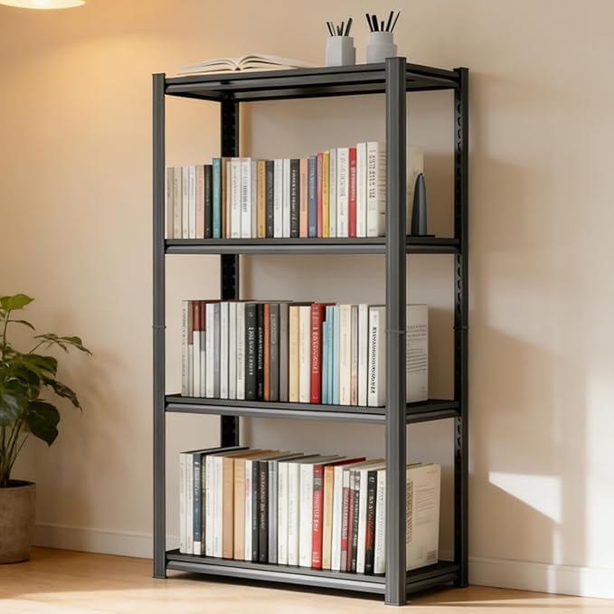 Modern Bookshelf, 4-Tier Book Shelf, 1200LBS Display Bookcase with Steel Frame & Metal Shelves, Adjustable Bolt-Free Storage Shelves for Living Room, Bedroom, Garage, Kitchen, 24"W x14"D x54"H Black