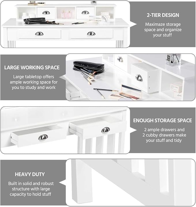 Topeakmart Computer Desk with 4 Drawers and Removable Floating Organizer, Home Office Desk Writing Studying Desk with Large Tabletop, Modern Workstation Gaming Table Secretary Desk for Office, White